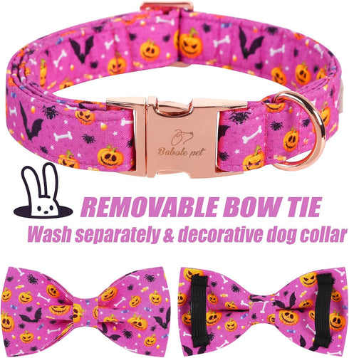 Halloween Boy Dog Collar Bow Tie - Thick Purple Pumpkin Collar with Safety Metal Buckle, Adjustable for Small to Large