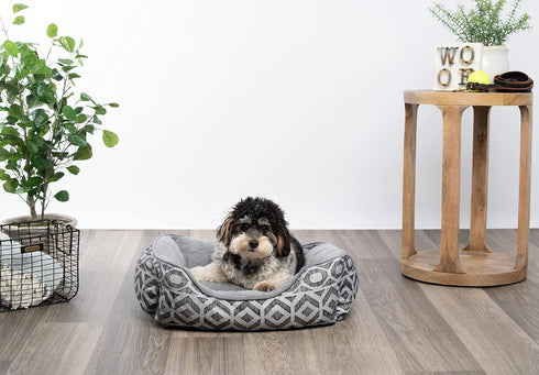 Modern Threads Luxury Dog Bed - Oxford Printed Plush Cuddler for Small to Medium Dogs, Machine Washable, Anza, Grey