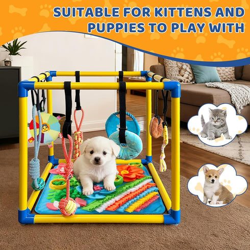 8 (Yellow,19.6 19.6 19.6 inch) Puppy Play Gym with Snuffle Mat & Hanging Toys Indoor Play Gym Interactive Dog Toys