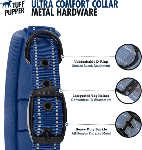 Tuff Pupper Ultra Comfort Padded Dog Collar - Thick Neoprene Padding with Reflective Stitching, Durable Metal Buckle &