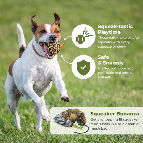 Unique Sports Dog Fetch Squeaker Balls, 18 Pack with Animal Prints