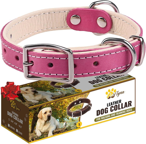 ADITYNA Heavy-Duty Pink Leather Dog Collar for Small Dogs, Soft Padded for Comfort - Girl Dog Collar for Walking,