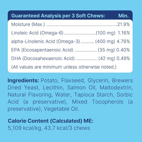 Dog Fish Oil Supplements - 180 Chew Treats with Omega 3, EPA, DHA, Biotin, and Vitamin E for Healthier Skin