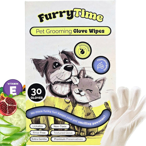 Pet Glove Wipes for Dog & Cat Cleaning, 30 Gloves, Hypoallergenic Dry Bath for Puppy, Kitten, and Coat Care