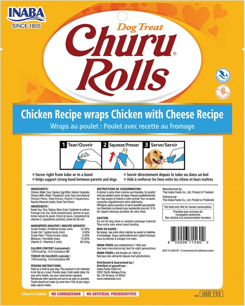 INABA Churu Rolls for Dogs, Grain-Free, Soft Baked Chicken Wrapped Treats, 48 Stick Treats Total