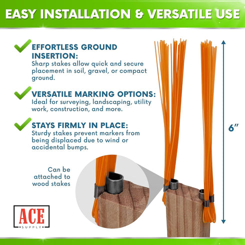 25 Pack Set ACE Supply Orange Marking Whiskers - - Durable Marking - Use As Survey Stakes, Construction Markers