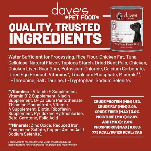 Dave's Pet Food Kidney Support for Dogs, Tuna Pate, Wet Renal Dog Food, Non-Prescription Low Phosphorus, 13.2 oz (Pack