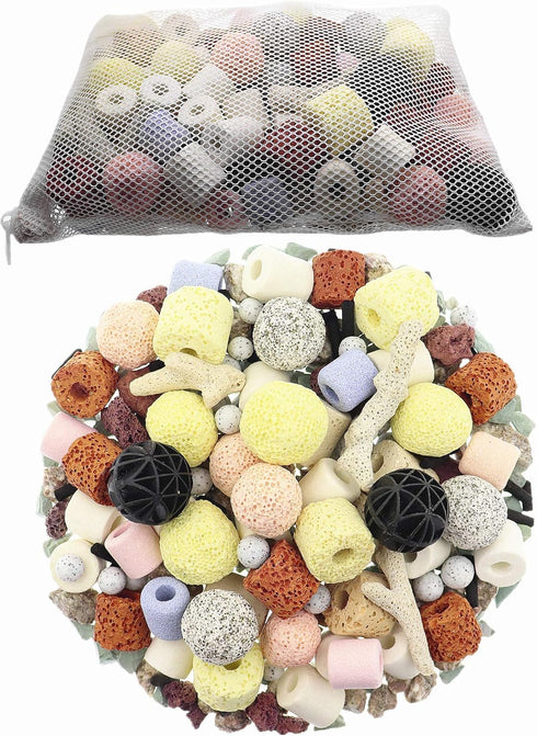 15 in 1 Aquarium Filter Media Bio Balls and Ceramic Rings, 500g Mesh Bag with Zipper for Fish Tank Pond