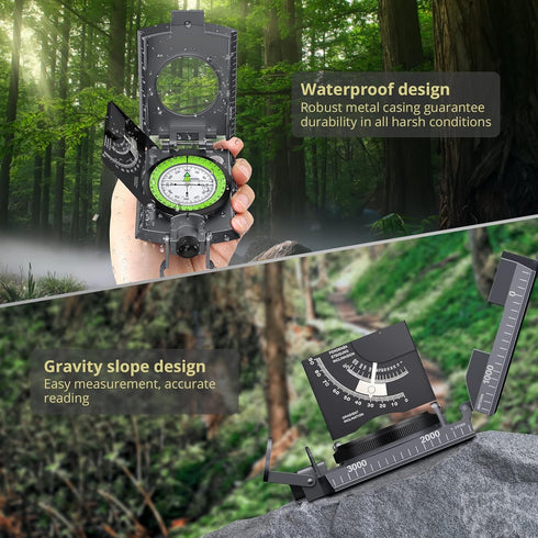 IP65 Anbte Compass Hiking Survival, Waterproof Metal Compass with Sighting Clinometer and Carry Bag, Multifunctional