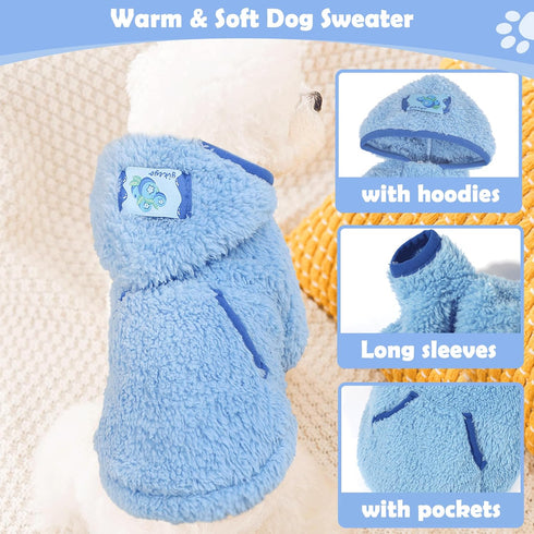 Small Dog Sweater, Fleece Hoodie for Winter, Soft Stretchy Clothes for Chihuahua Teacup Yorkie, Blue M