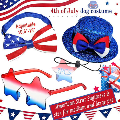 Dog Independence Day Costume, 3PCS 4th July Hat, USA Stars Sunglasses, American Flag Bow Tie Collar for Medium Large