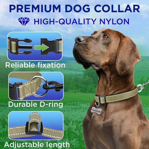 TECEUM Reflective Pet Collar – Olive – M – Basic Nylon Dog Collar – Quick Release Buckle – Fits Small, Medium and Large Dogs, Puppies, Cats – ESA & Service Dog Options