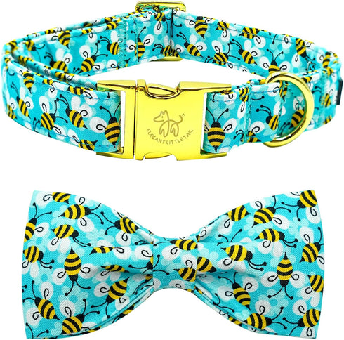 Elegant Blue Bees Print Dog Collar with Bow Tie, Summer Collar for Small Medium Large Dogs