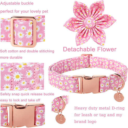 Summer Dog Collar with Flower, Cotton Cute Pink Flower Collar for XL Boy Girl Dog, Comfortable with Metal Buckle