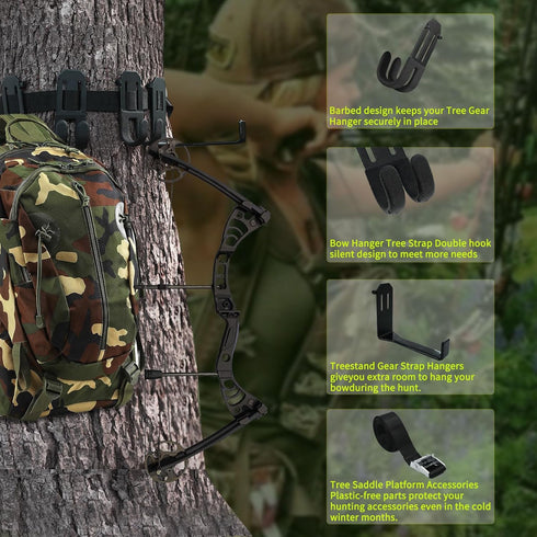 Treestand Strap Gear Hangers, 3 Metal Gear Hooks and 1 Bow Hanger for Tree Stand Hunting Gears