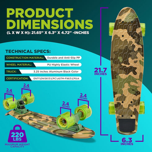 Hurtle Standard Mini Cruiser Skateboard - 6'' PP Deck, Complete Double Kick Board with LED Light Wheels