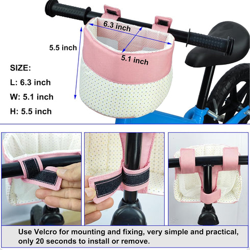Kids Bike Basket, Soft Doll Bike Seat, Girls Bicycle Basket for Toy Doll Storage, Children's Bicycle Accessories for Balance Bikes, Children's Bicycles and Scooters(Pink Patchwork White)