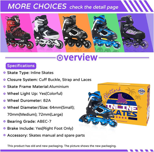 5-8 4 5 6, Nattork Blade Roller Skates for Boys with Light Up Wheel, Outdoor & Indoor Illuminating Black Inline Skates