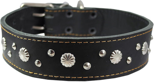 Thick Genuine Leather Studded Dog Collar 2" Wide Black for 19"-22" Neck, Fits Retriever, Doberman, Rottweiler, Pit Bull