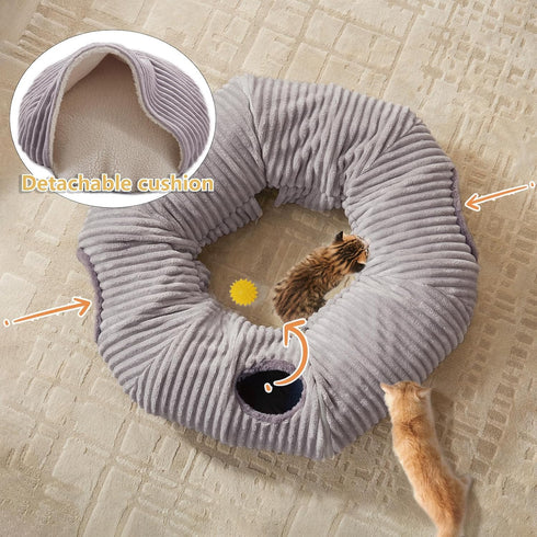 Cat Tunnel Bed for Indoor Cats - Cute Cat Donut Tunnel with Washable Circle Cushion and Blackout Tent Round Pet Play