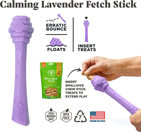 Calming Lavender Scented - Hive Dog Fetch Stick for Large Breeds - Dog Stick Toy - Floats in Water - Treat Dispenser Toy - Durable and Tough - Made in The USA