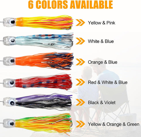 6PCS Lures,6inch/9inch Saltwater Trolling Soft Squid Skirts Lure for Marlin Tuna Mahi Dolphin Durado Wahoo Trolling