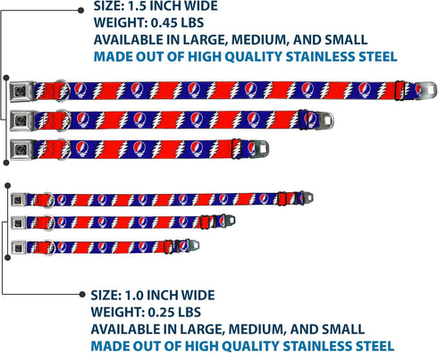 Dog Collar Seatbelt Buckle, Steal Your Face Lightning Bolt Repeat, Red White Blue, 18 to 32 Inches, 1.5 Inch Wide
