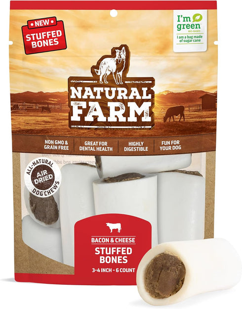 Natural Farm Bacon & Cheese Filled Bones, 6 Pack, 3-4 Inch, Limited Ingredient Dental Dog Treats