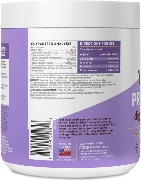 Jack&Pup Probiotic Chews for Dogs, Pro-Digest Bark Buddies for Small and Medium Dogs (Up to 40 lbs) - 60ct