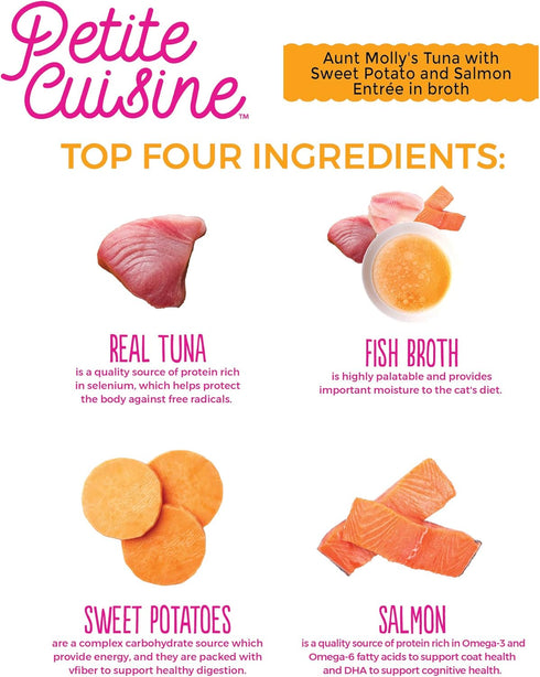 PETITE CUISINE Grain Free Wet Cat Food, Aunt Molly's Tuna and Salmon with Sweet Potato, 2.8oz, 24 cans
