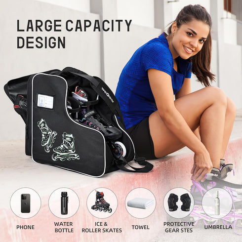 Skate Bag for Adults Roller Skates, Large Capacity Ice Skates Carry Bag with Adjustable Shoulder Strap, Nylon Inline