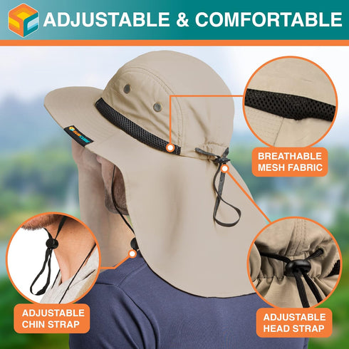 SUN CUBE Wide Brim Sun Hat for Men, Neck Flap Cover, UV Protection for Hiking, Camping, Gardening