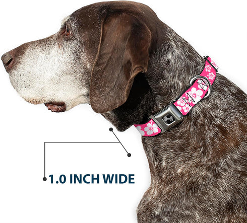 Buckle-Down Hibiscus Dog Collar Bone, Neon Pink/White, 1" Wide - Fits 9-15" Neck - Small