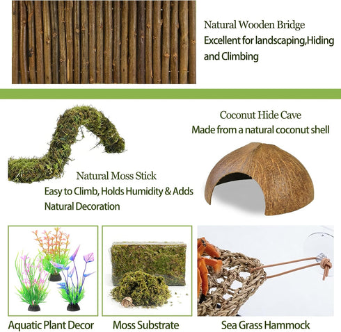 Hammock,Reptile Hermit Crab Accessories, Hermit Crab Climbing Toys,Flexible Moss Pole with Coconut Shell Hideout Hut