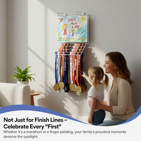 2-in-1 12 40+ Performore Wall-Mount Medal & Bib Display Rack | Metal Steel Organizer Rack with Clear Bib Pockets, Hooks