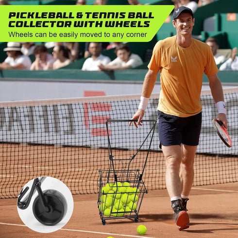 Portable Pickleball Tennis Ball Collector with Wheel - Hopper Container for Picking and Storage Training Tool