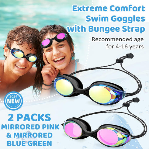 Vvinca Kids Swim Goggles with Bungee Strap, No Leaking Anti Fog for Ages 3-14