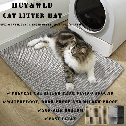 HCY&WLD Cat Litter Mat, 45x26/35x24/30x22/24x18 Inch, Double Layer Non-Slip Waterproof Cat Litter Catcher Mat, Black