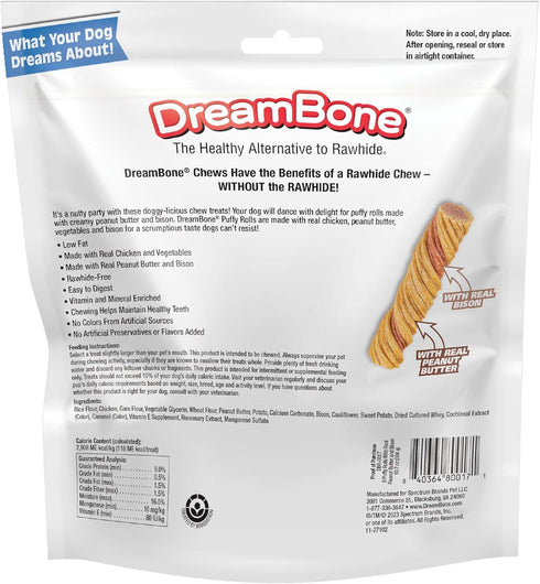 Dreambone Puffy Rolls Chews for Dogs, 8 Count, Treat Your Dog to Easy-to-Digest Rawhide-Free Chews Made with Real Peanut Butter and Bison