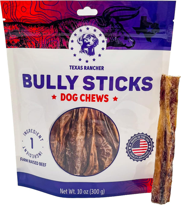 Texas Rancher Bones LLC Bully Stick for Dogs 6 inch (12 Pack)- Natural, Grass-fed Beef, Long