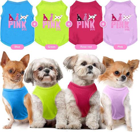 4 Pack Dog Shirt Vest - Soft Lightweight Sleeveless Puppy Tshirts, Cute Pink Print for Small Dogs & Cats