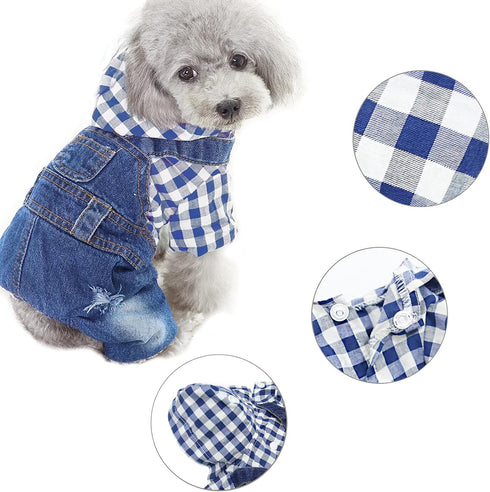 Pet Clothes Denim Dog Jeans, Striped or Grid Jumpsuit Overall Hoodie Coat for Small Medium Dogs