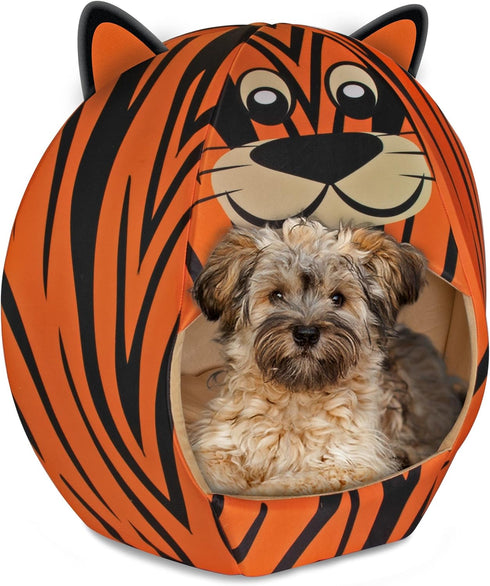 Maccabi Art Tiger Theme Dog Bed, Cute Igloo Style Pet Bed, Fits Small Dogs, Puppies, Cats, Non-Slip Design, 16 x 16 x 18