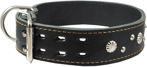 Thick Genuine Leather Studded Dog Collar 2" Wide Black for 19"-22" Neck, Fits Retriever, Doberman, Rottweiler, Pit Bull