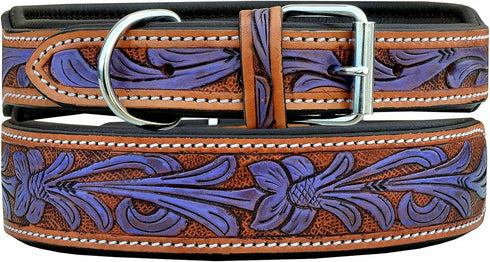 Leather Dog Collar, Western Style, Heavy Duty Hand Tooled, Adjustable Padded for Puppies and Big Dogs (10AB127-S)