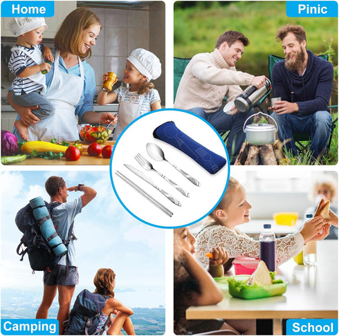 Lengnoyp 20PCS Premium Travel Utensils Set with Case, Stainless Steel Reusable Silverware for Camping, Silver