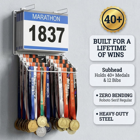 2-in-1 12 40+ Performore Wall-Mount Medal & Bib Display Rack | Metal Steel Organizer Rack with Clear Bib Pockets, Hooks