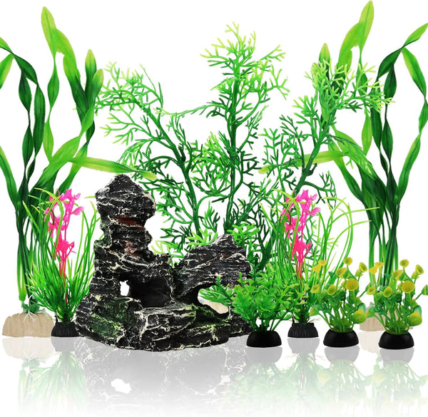 Fish Tank Accessories, 9pcs Green Decorations Plants and Cave Rock Decor Set for Aquarium, Plastic Plants for Fish Tank