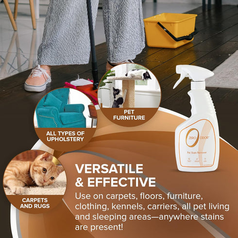 Zero Odor Pet Stain Remover & Odor Eliminator, 16oz - Best for Carpet, Furniture, Floors, Pet Bed - Over 400 Sprays
