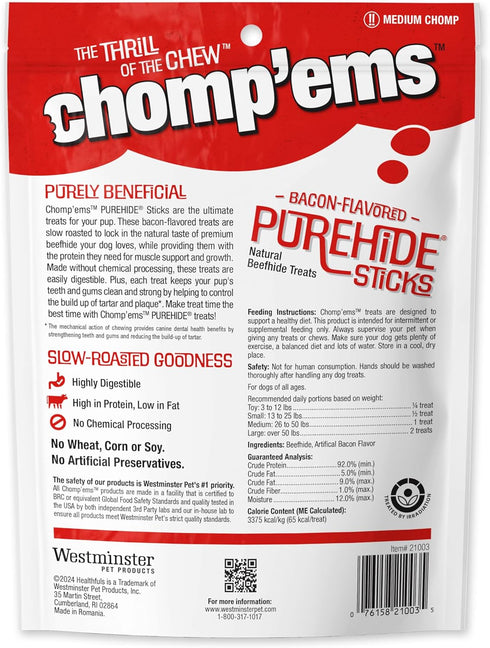 CHOMP 'EMS Purehide Chews - Slow Roasted Rawhide Dog Treats, High Protein Beef Hide, Bacon Flavor, 8.5 Oz